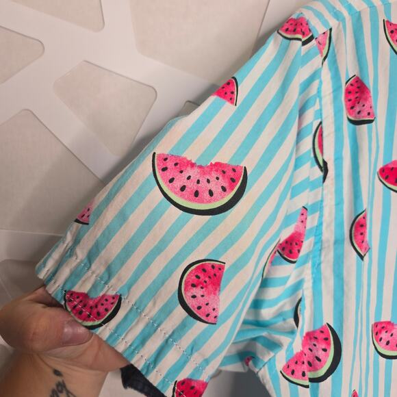 Distortion Mens Modern Watermelon Striped Short Sleeve Button Down Shirt SZ LG - Picture 2 of 4